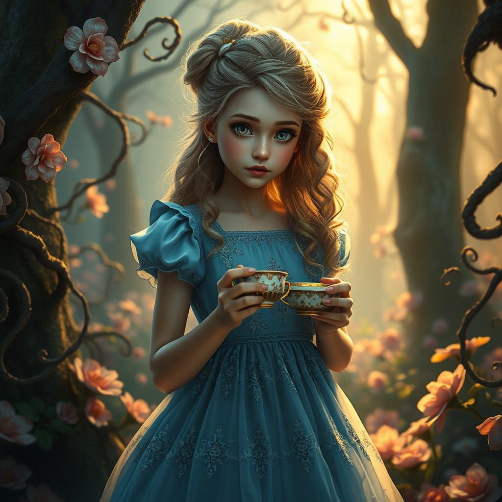 Alice stands at the edge of a whimsical, vibrant forest tea ...