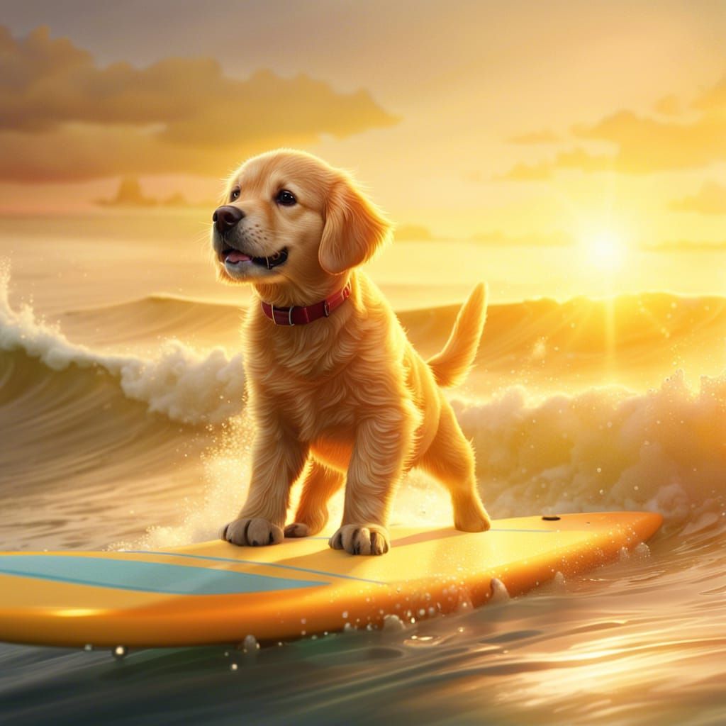 Golden Retriever Puppy Surfing at Sunset