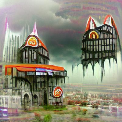Gothic Dystopian City with Burger King