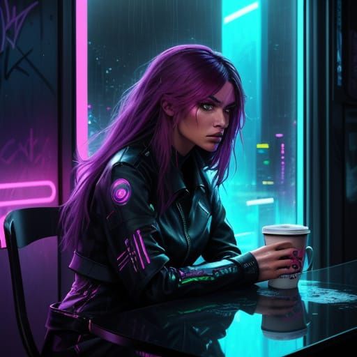 Woman in Futuristic City Cafe, Neon Rain