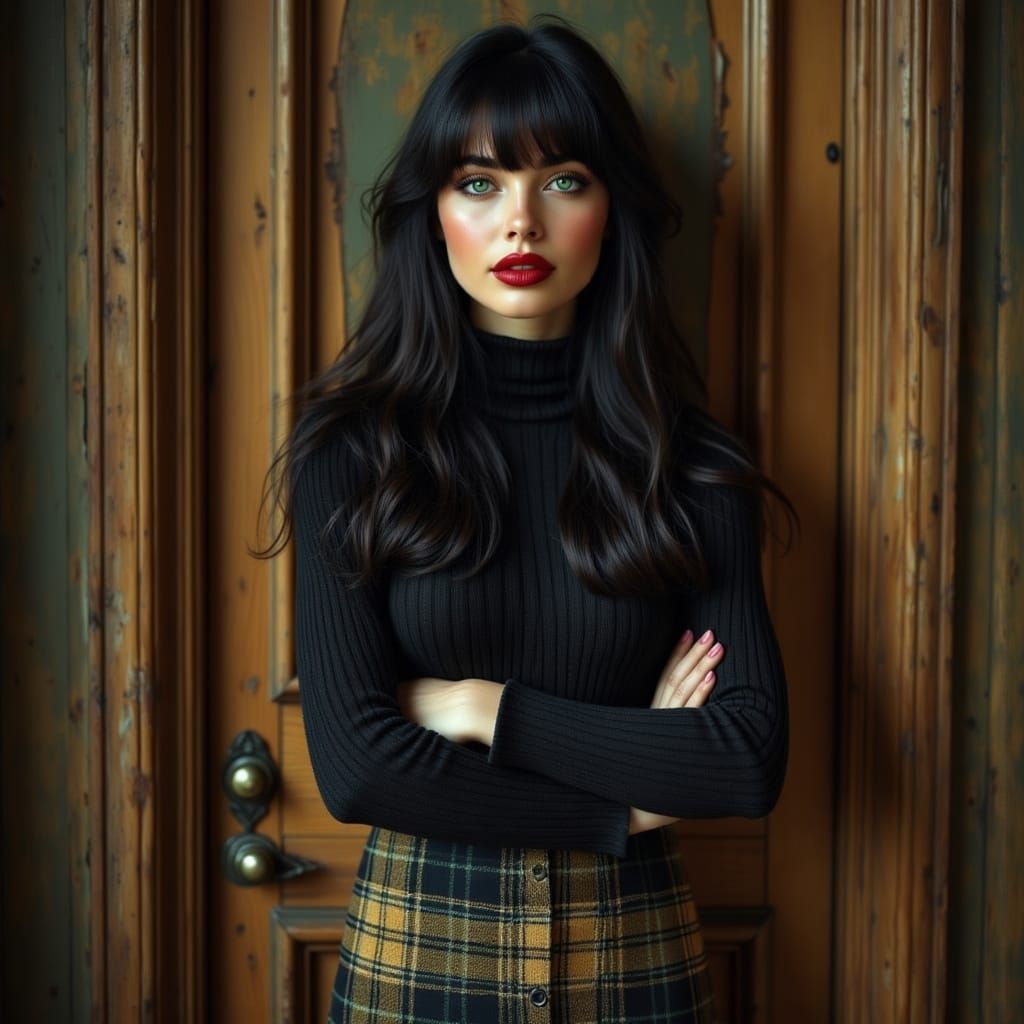 British Woman Poses by Door in Photorealistic Style