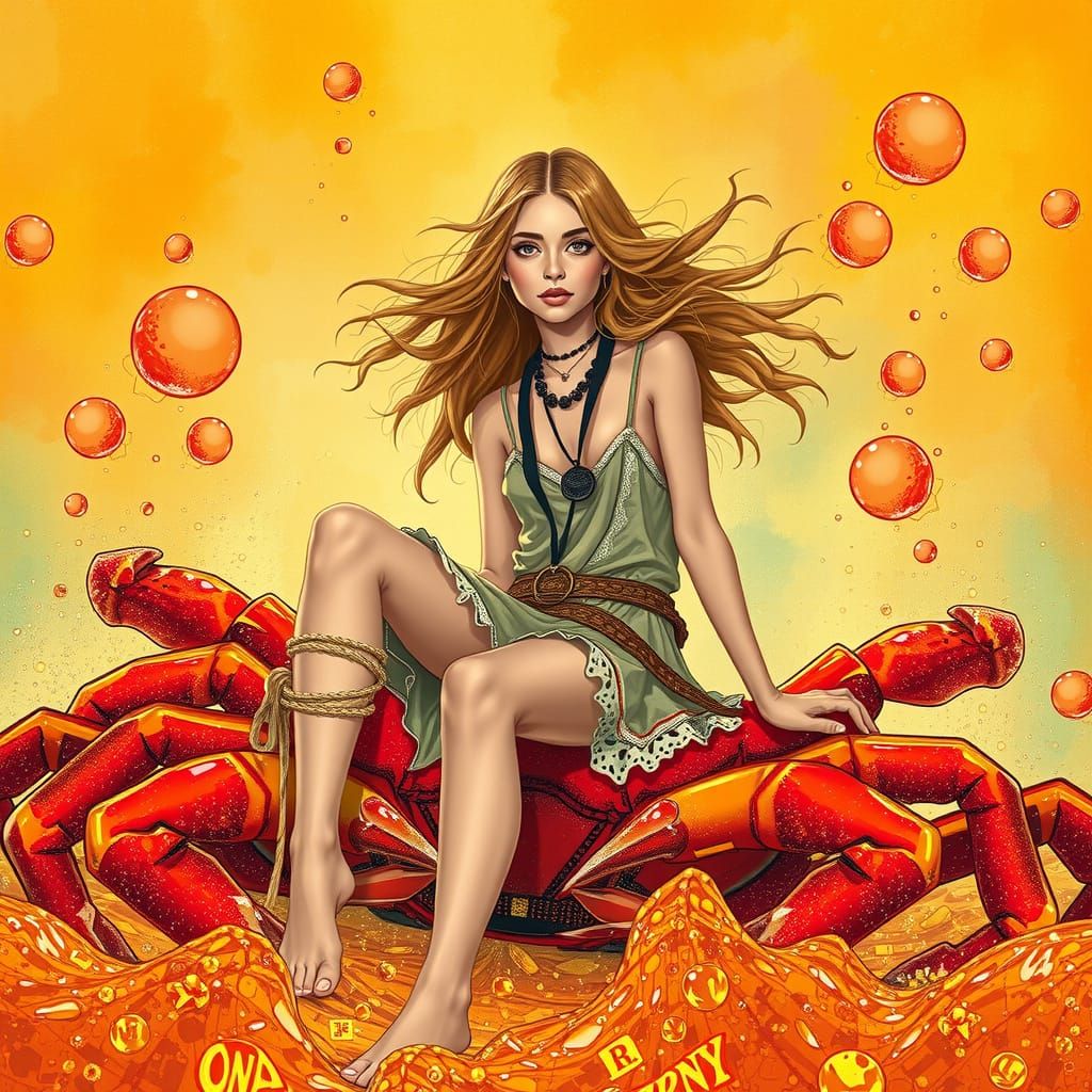 Woman on Gummy Crab in Dreamlike Soda Sea