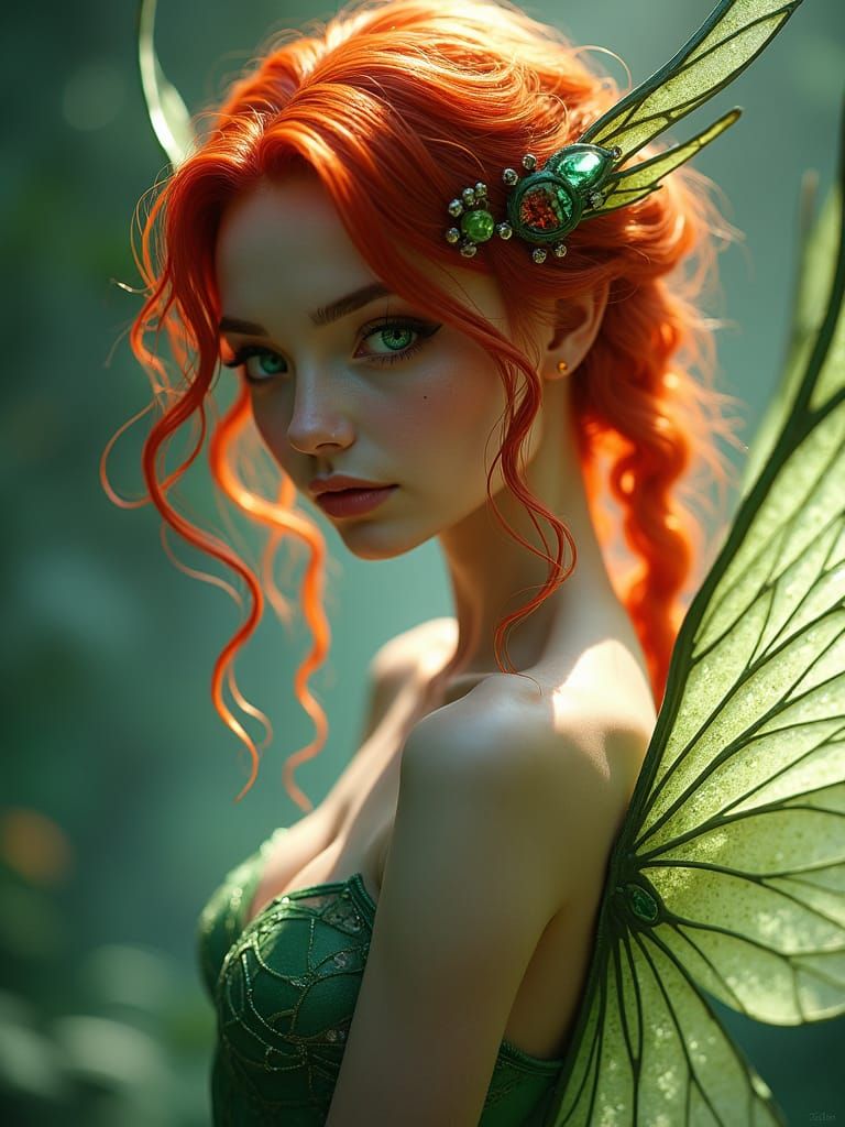 Red-Haired Fairy Portrait in Art Nouveau Style