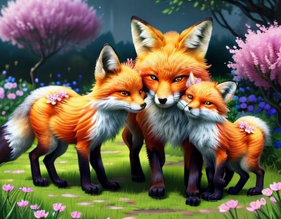 Fox Family Playing in a Spring Garden at Night