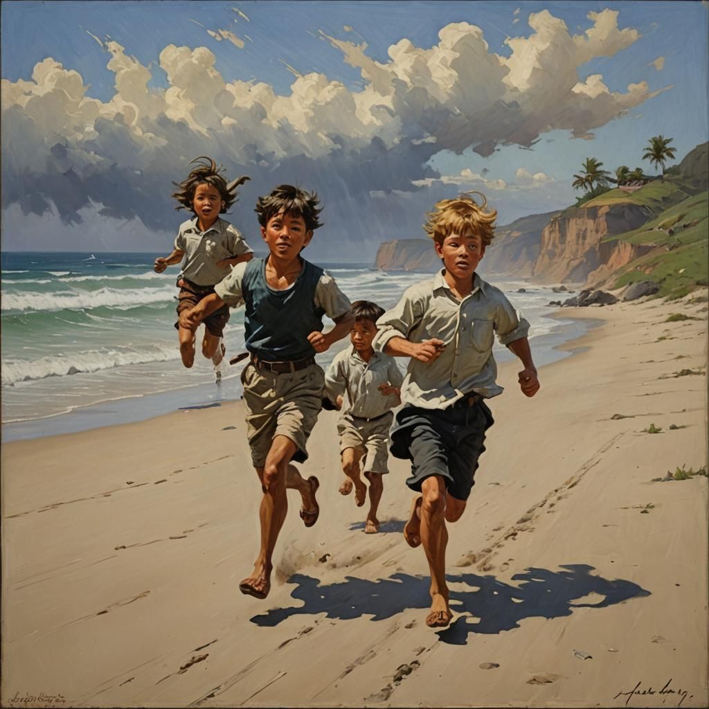Boy Running with Wind: Oil Painting by Gurney