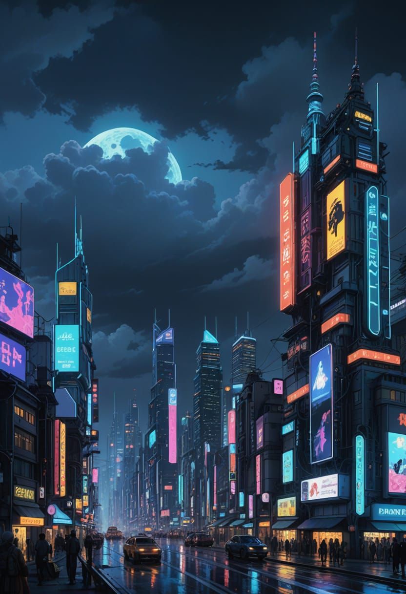 Cyberpunk Cityscape at Night with Neon Lights and Flying Car...