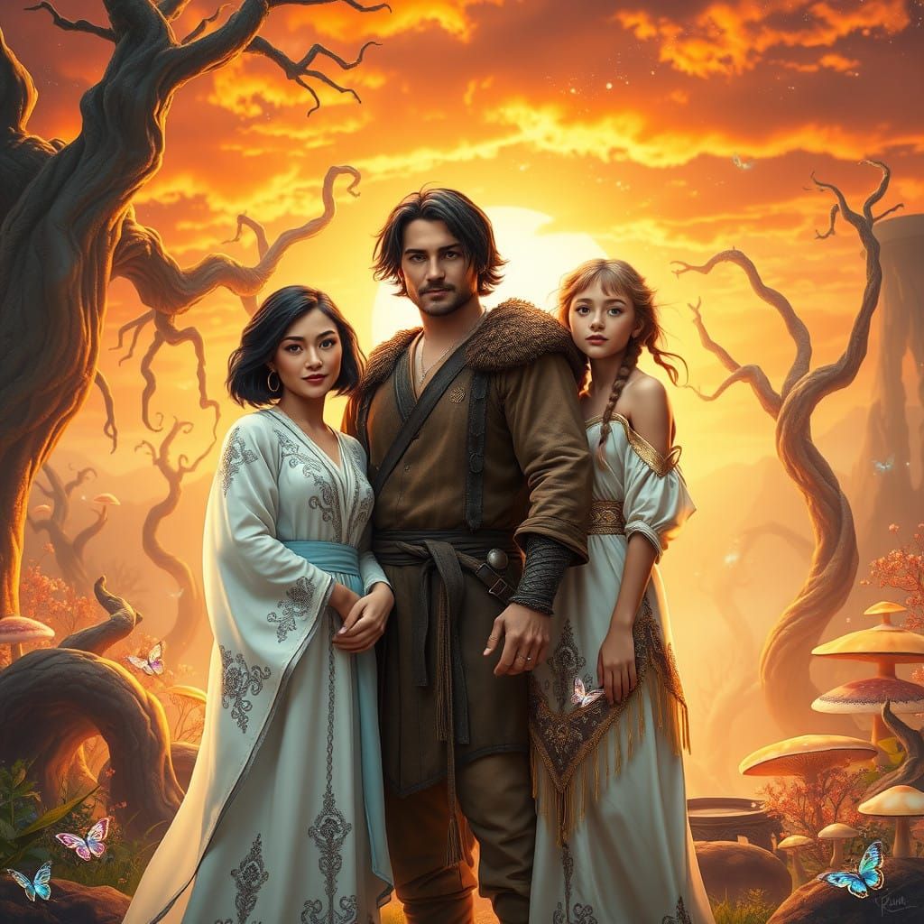 Heroic Family in Vibrant Fantasy Landscape