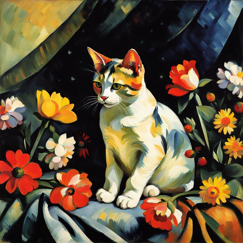 Cute Cat with Flowers in Post-Impressionist Style
