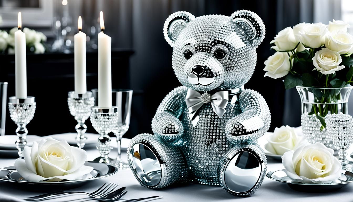 Glass Teddy Bear Filled with Diamonds and Roses
