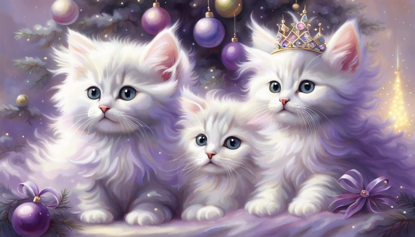 fluffy purple and white Kittens wearing tutu with a crown christmas tree  ethereal fantasy hyperdetailed mist Thomas Kin...