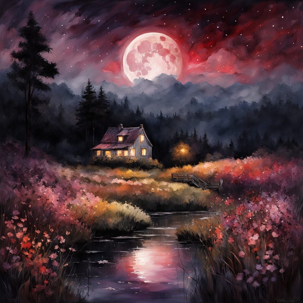 Magical Forest Cottage with Celestial Sky Watercolor