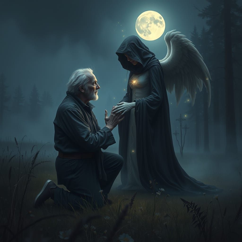 Sorrowful Old Man Comforted by the Female Grim Reaper