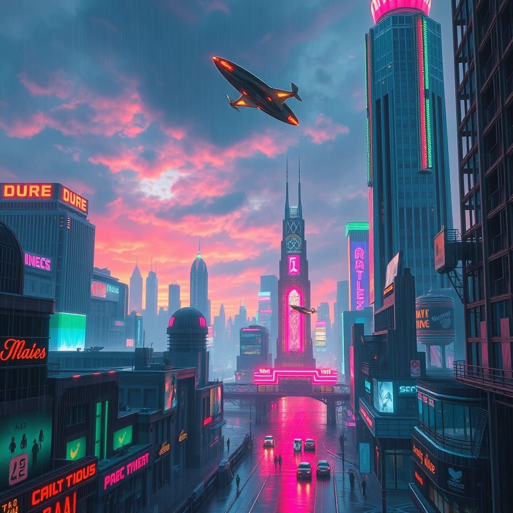 Sleek Sci-Fi Metropolis at Twilight, Digital Painting with R...