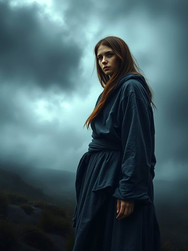 A solitary figure, stands on a windswept moor, shrouded in a...