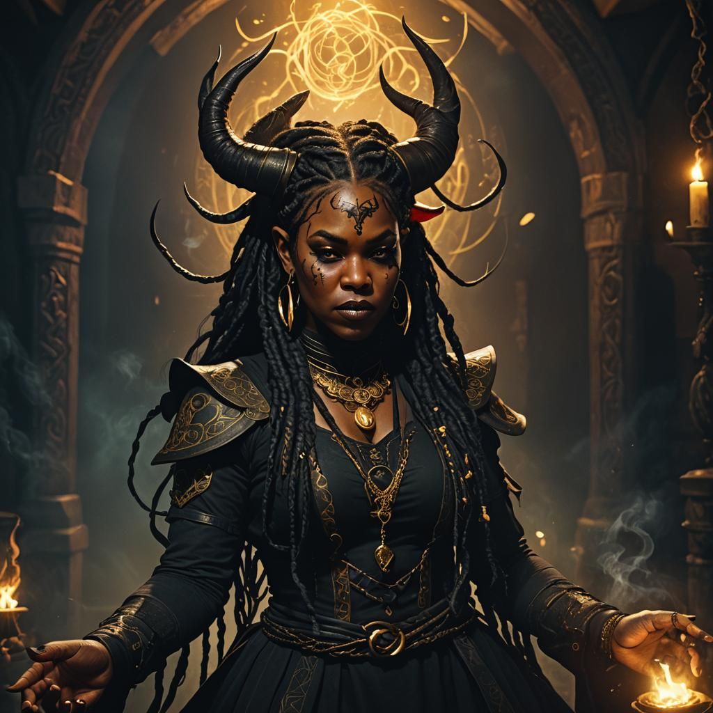 Tiefling Warlock Casting Spell in Dark Fantasy Portrait