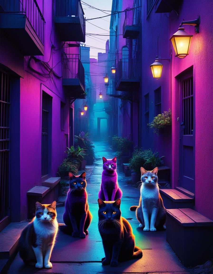 Surreal Purple Alley Cats in Maximalist Style