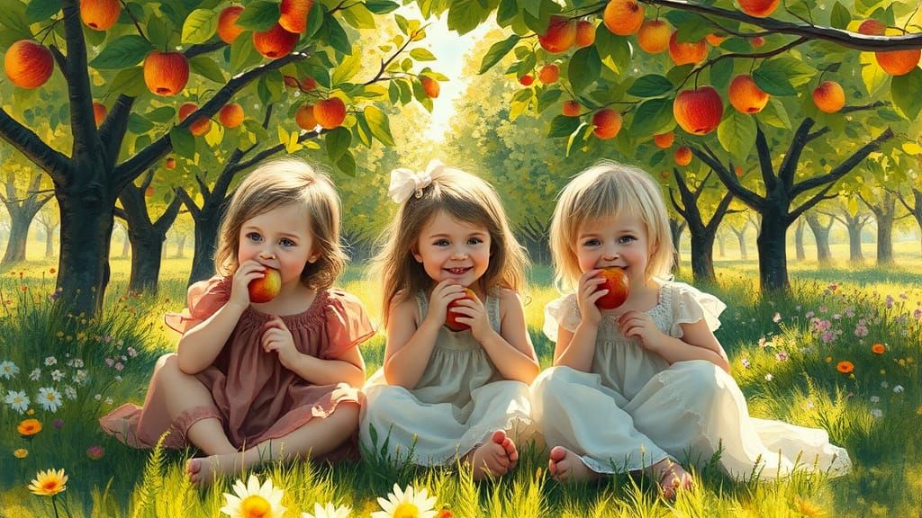 Three children eating apples in the orchard.