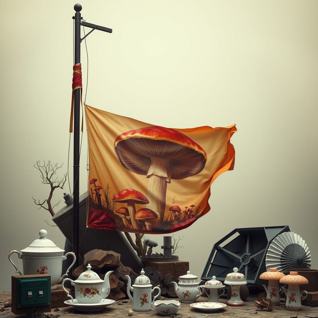 Surreal Dystopian Flag with Hyperreal Mushroom Prints in Mod...