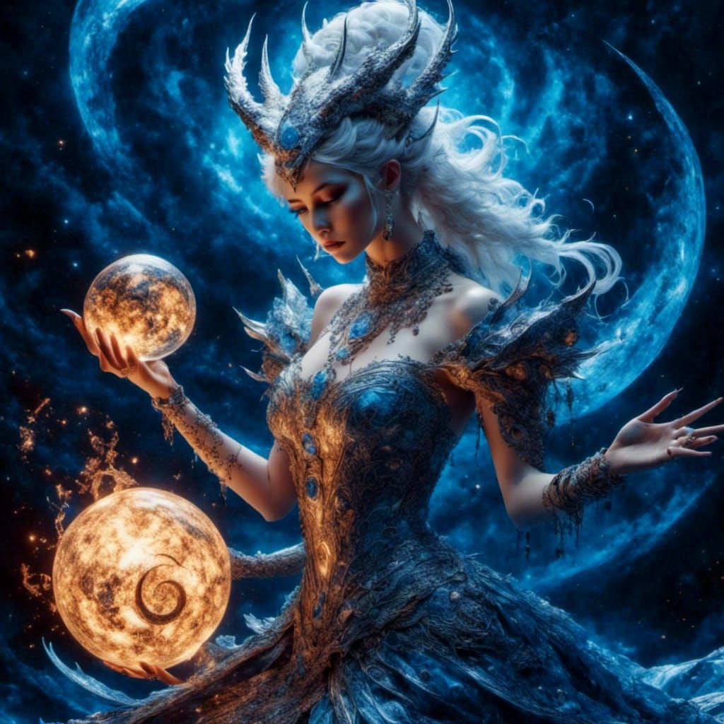 Beautiful Wizard with Dragon and Galaxy Magic