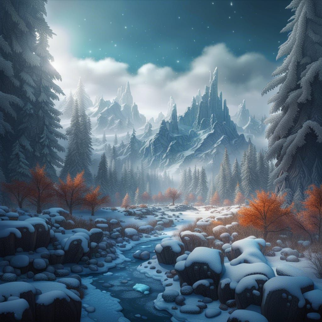 Frozen Blizzard Forest in Detailed Matte Painting Style