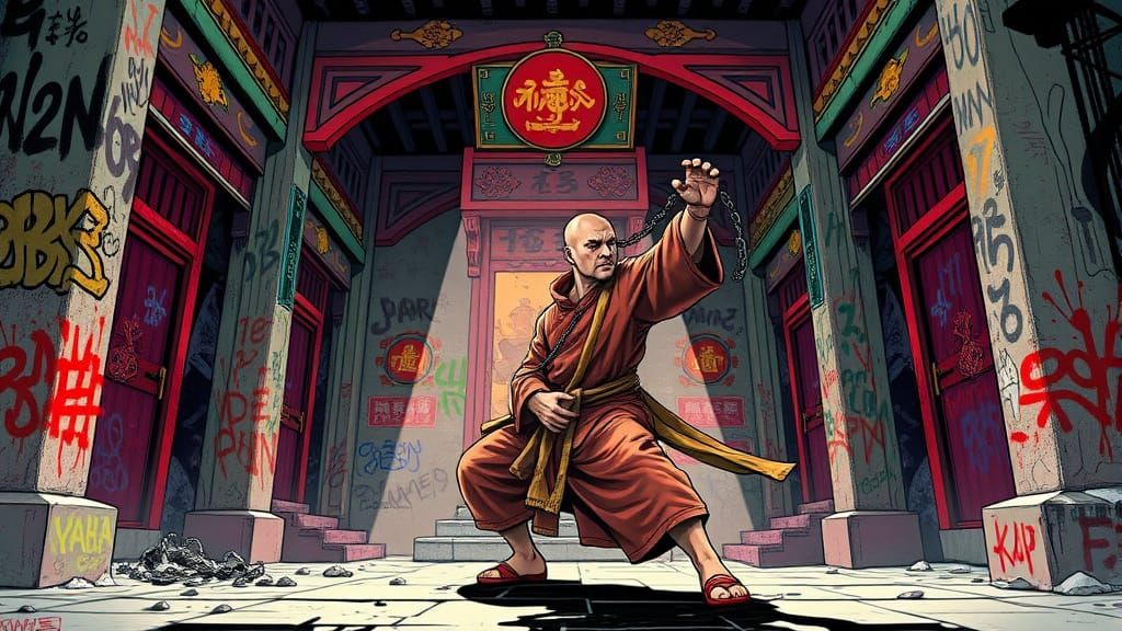 Shaolin Warrior Unleashes Beast Mode in Vibrant Temple