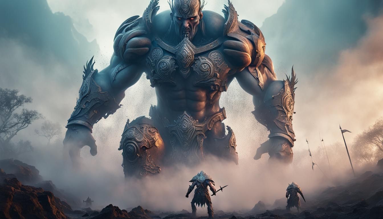 Giant Warrior Battles Army in Fog: Digital Art