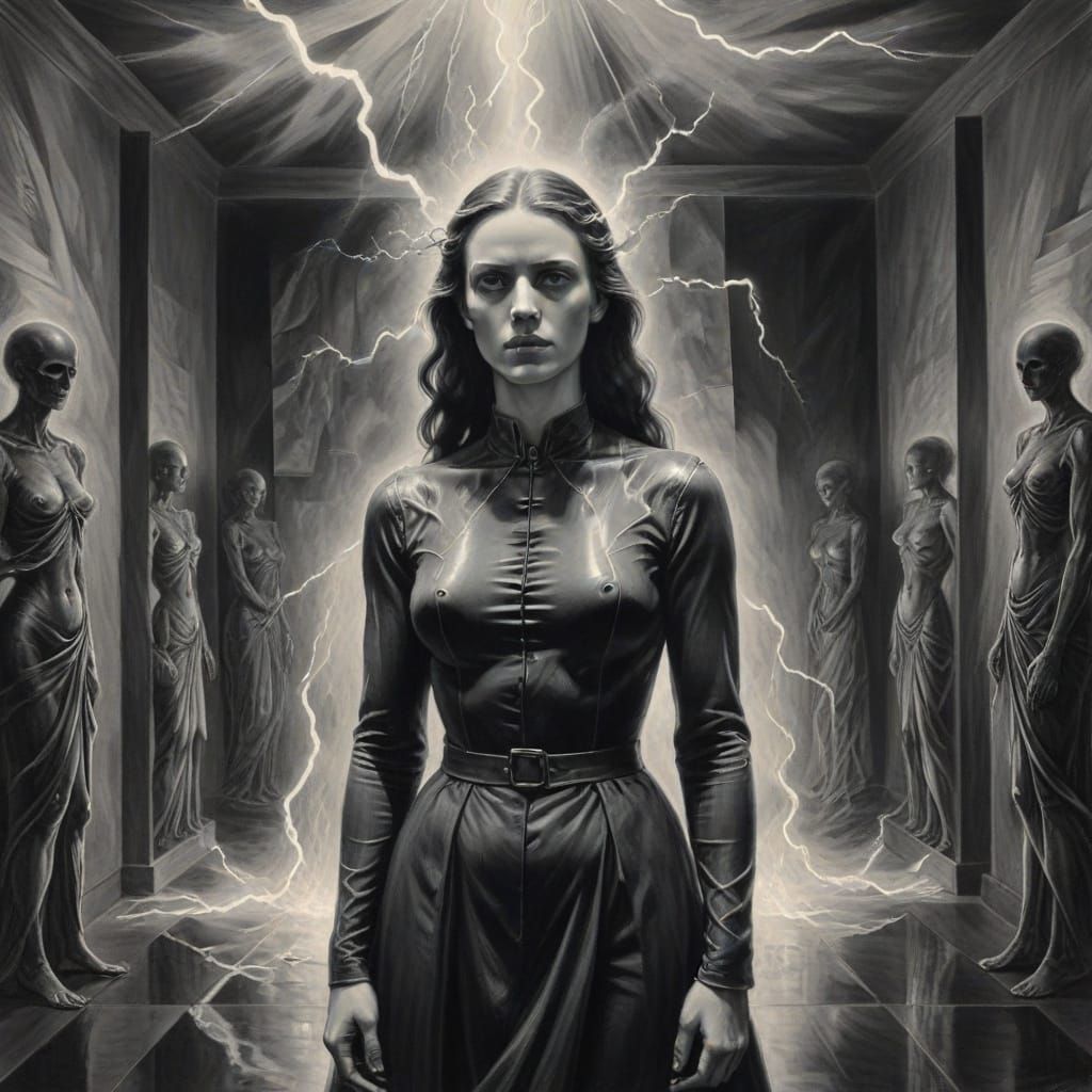 Portrait, Eerie Clothed Woman in Macabre Lightning Mirrored ...