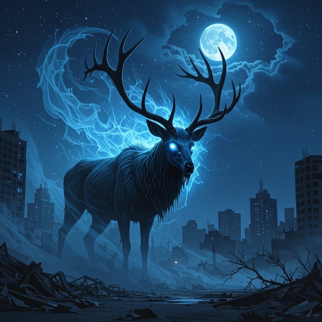 Ethereal Wendigo Deer Rampage in Ruined City