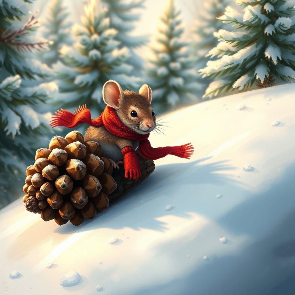 Mouse Joyride Down a Snowy Pine Cone