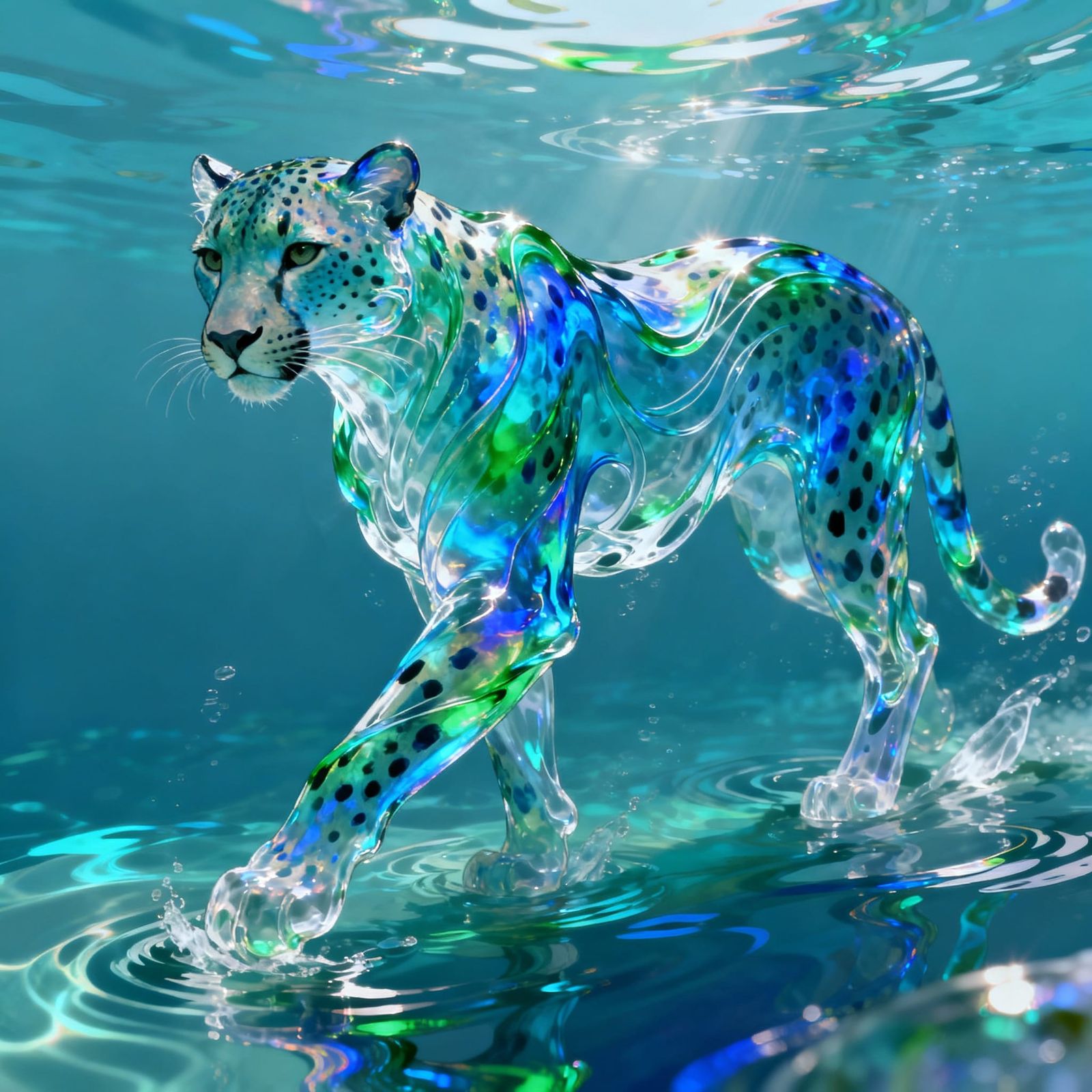 Cheetah Formed From Shimmering Aquatic Blues And Greens