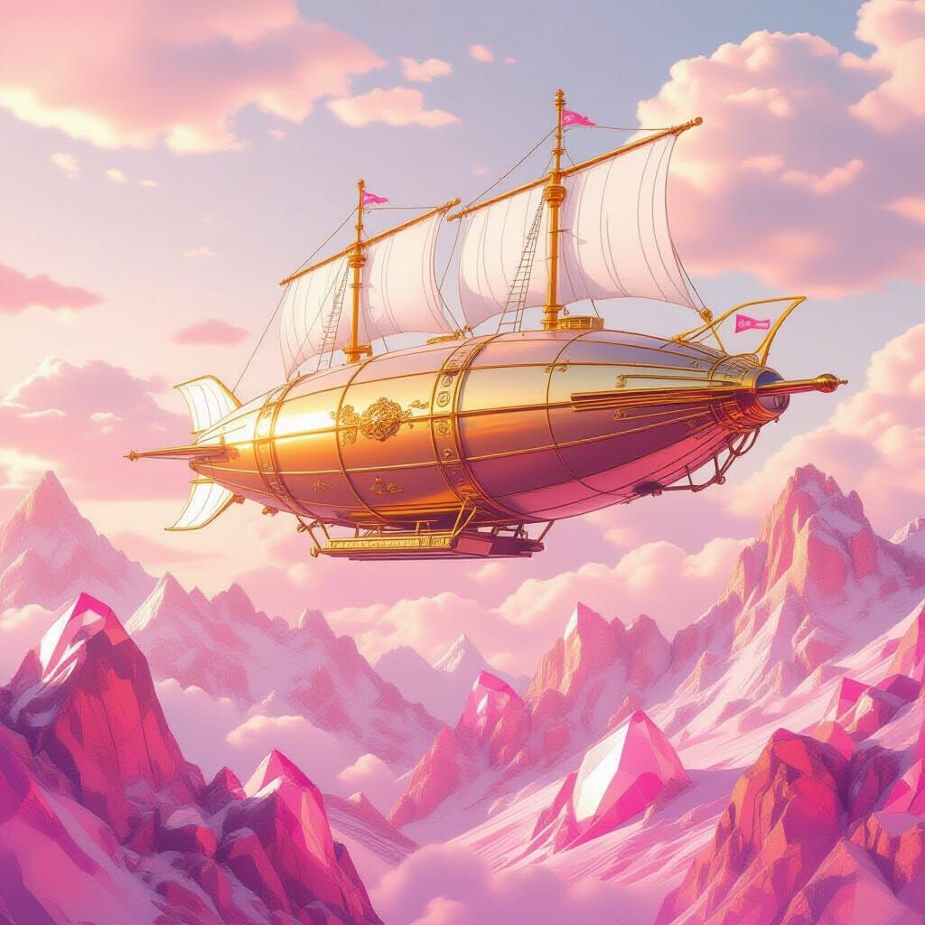 Golden Zeppelin Over Crystal Mountains in Surreal Style