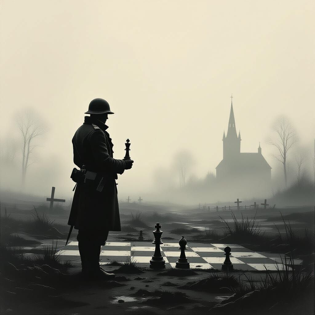 Soldier Contemplates Chess Piece in Foggy Battlefield