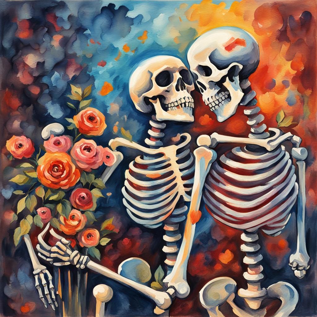 Skeletons in Love as Gouache Impressionist Painting