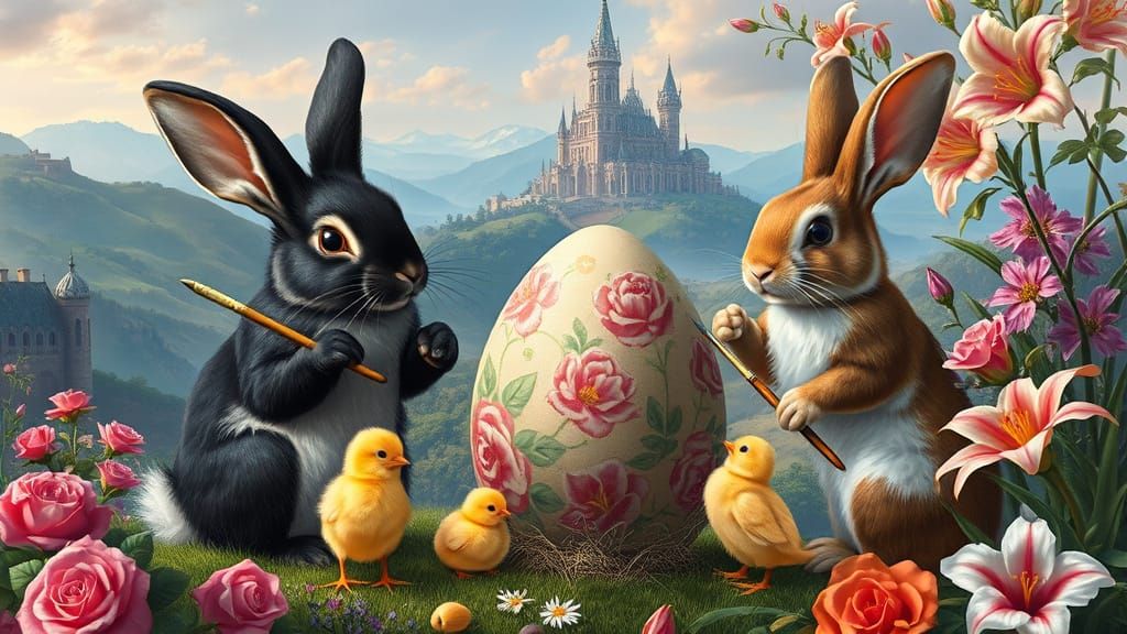 Fantasy Easter Scene with Rabbits Painting Eggs