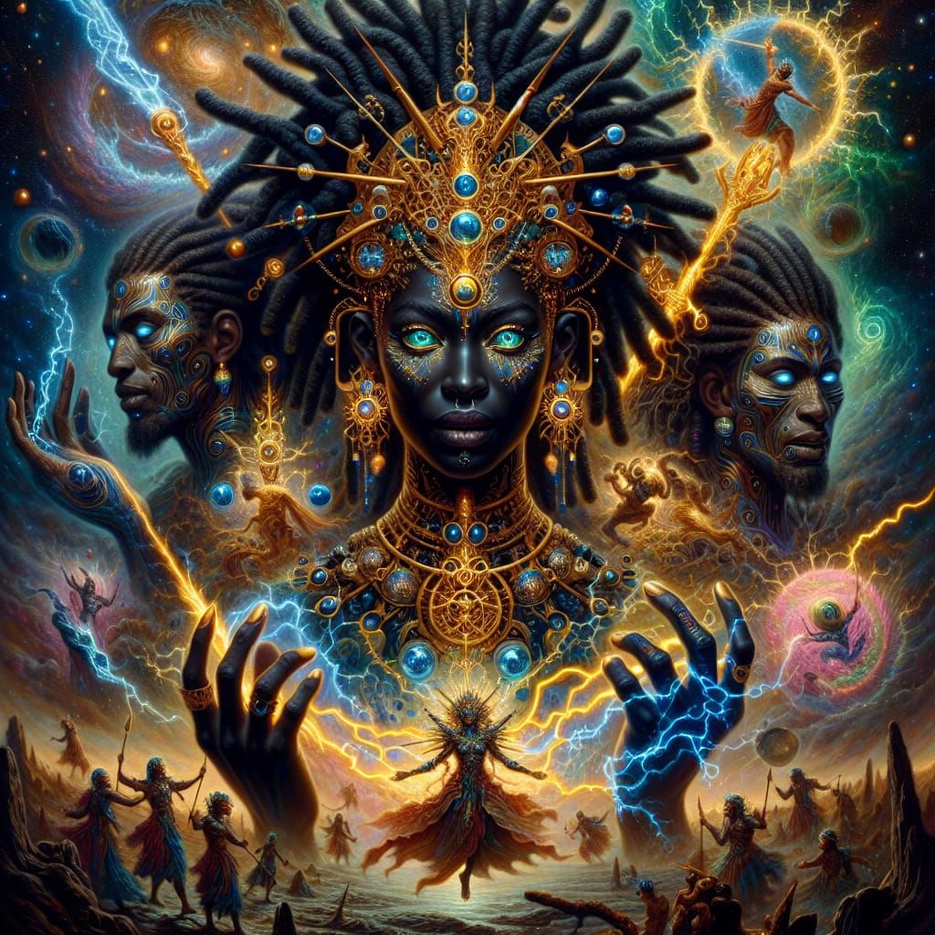 Giant Black Queen and King with Lightning: Hyperrealistic Oi...