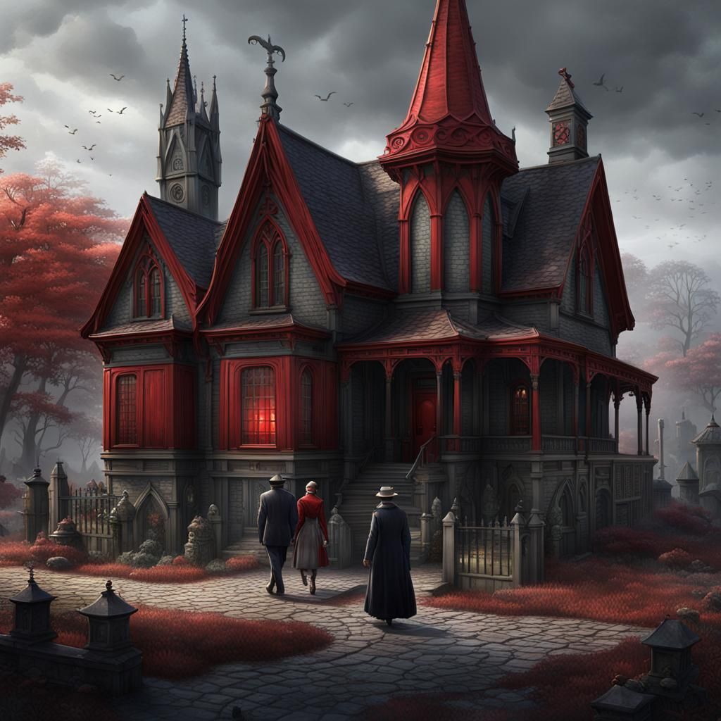 Victorian Gothic House with Figures in Matte Painting