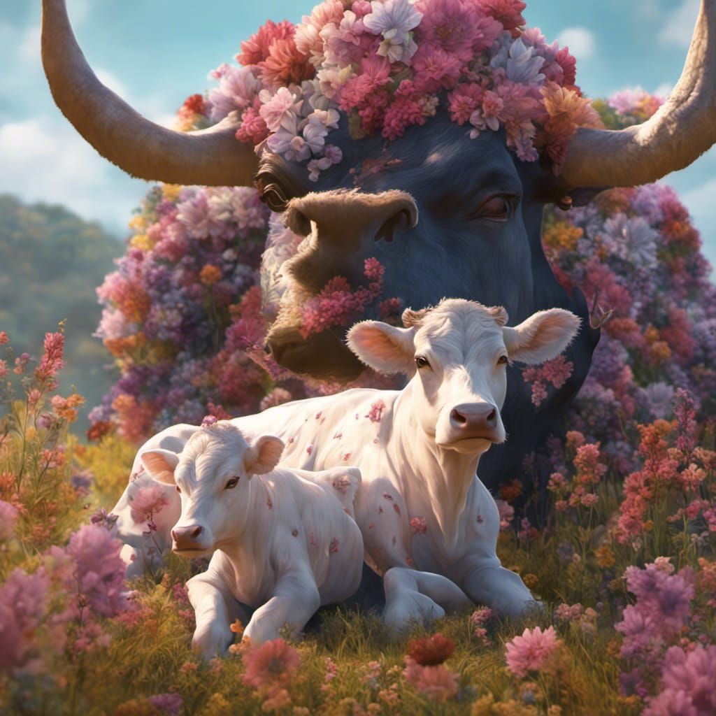 Crystal Cow and Calf in Flower Field