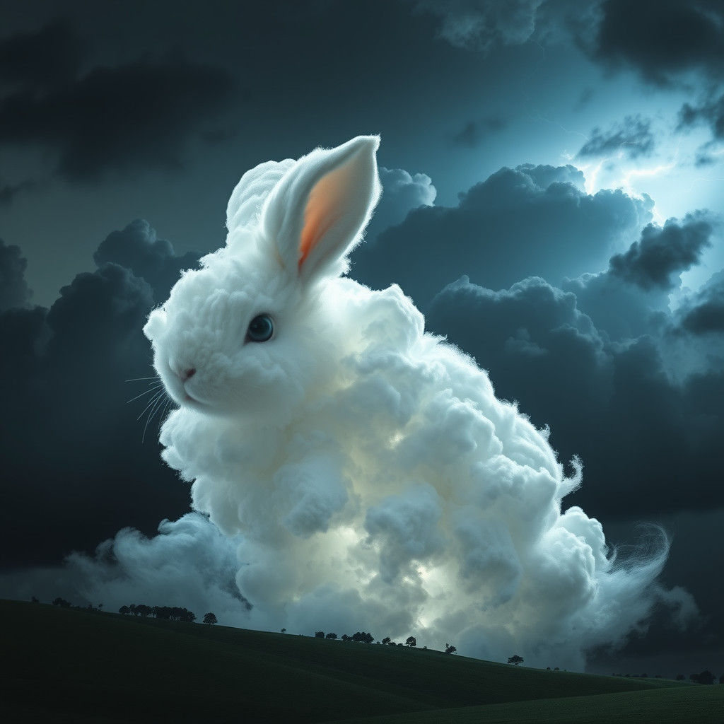 Cloud Bunny Emerges from Storm, Surrealist Dreamscape