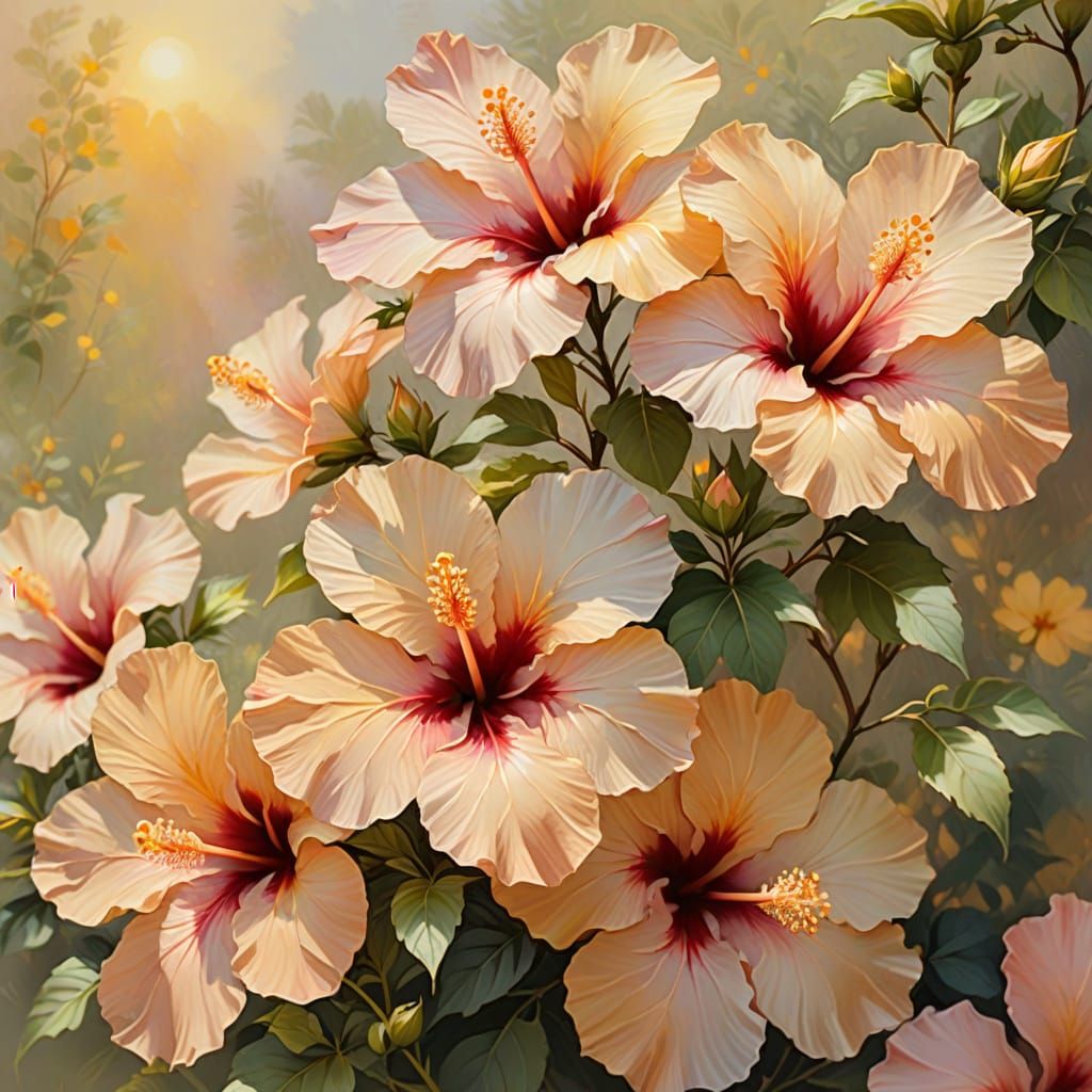 Impressionist Hibiscus Flowers in Warm Golden Light