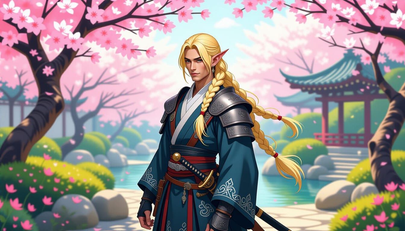 Tiefling Swordsman in Medieval Garden, Frazetta Style