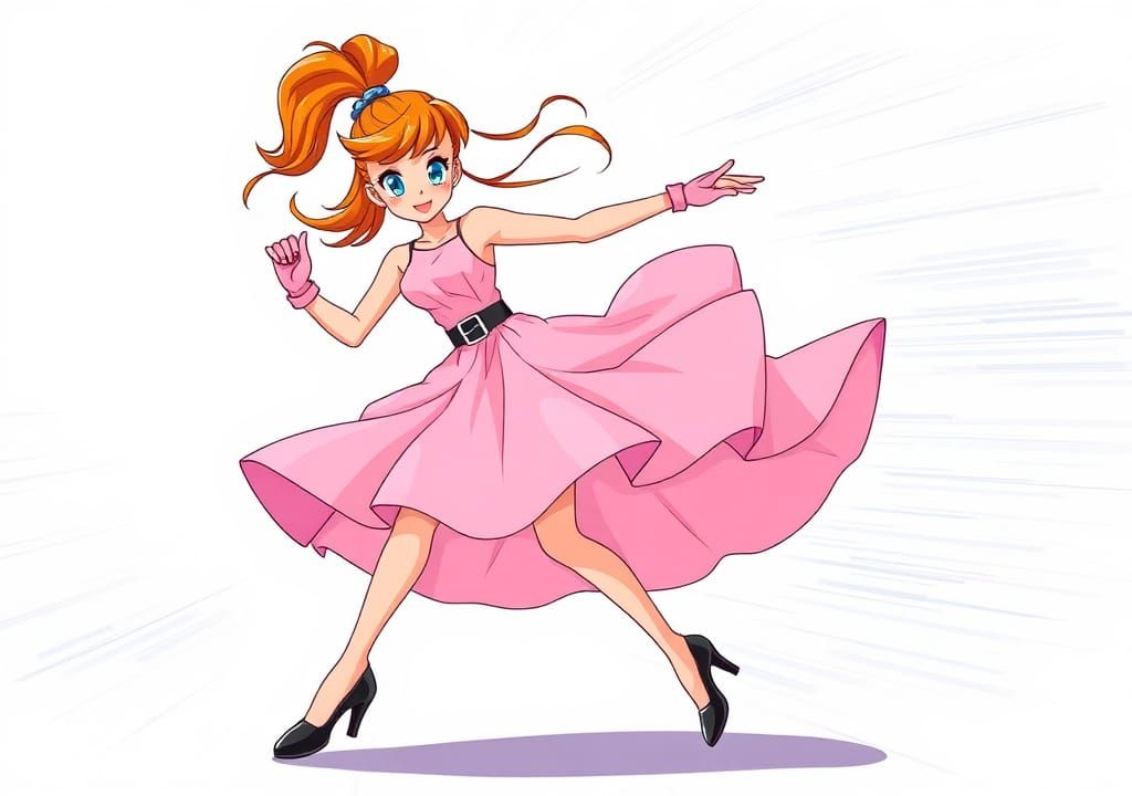 Dynamic Cartoon Woman Tap Dancing in Anime Style