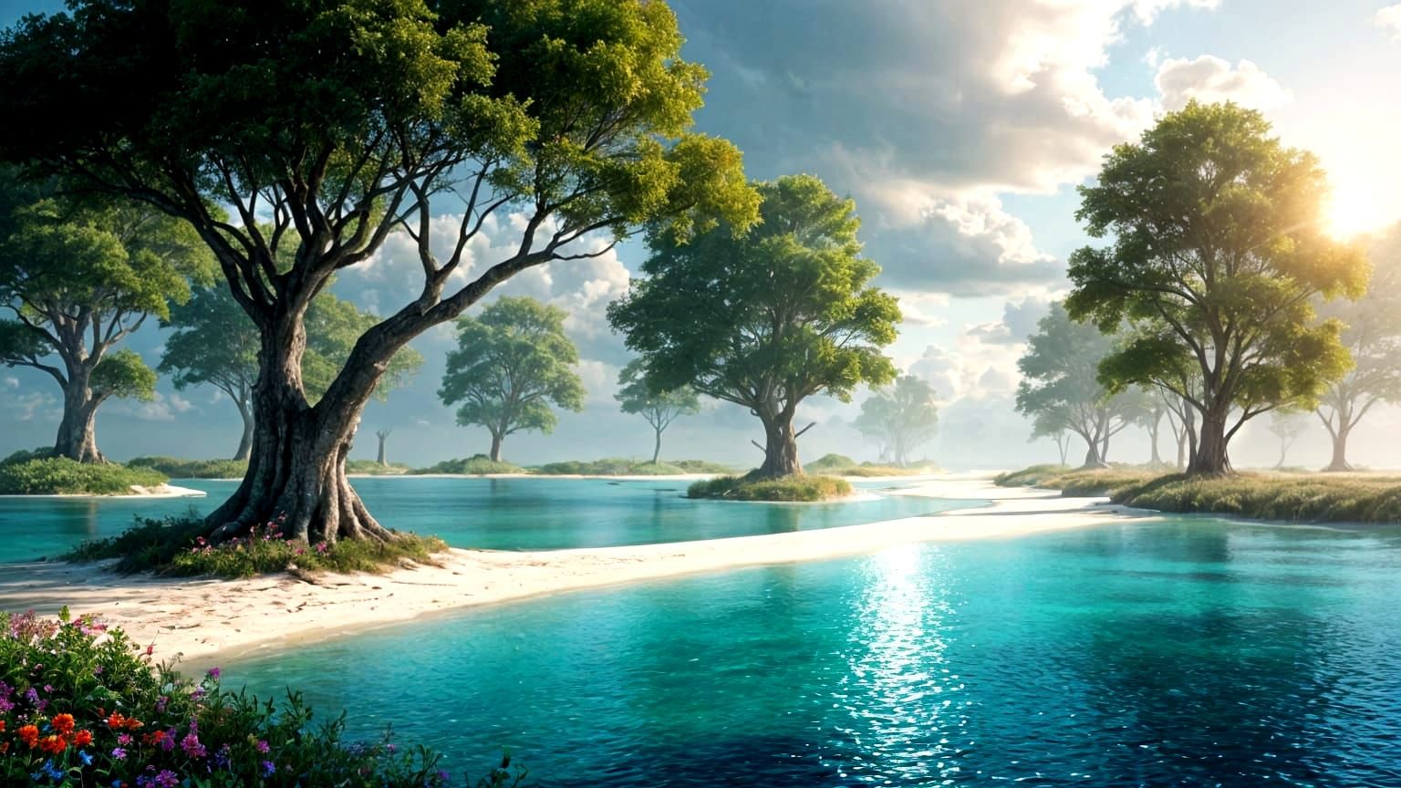 Tropical Oasis on a Flooded Beach in a Brilliant Digital Pai...