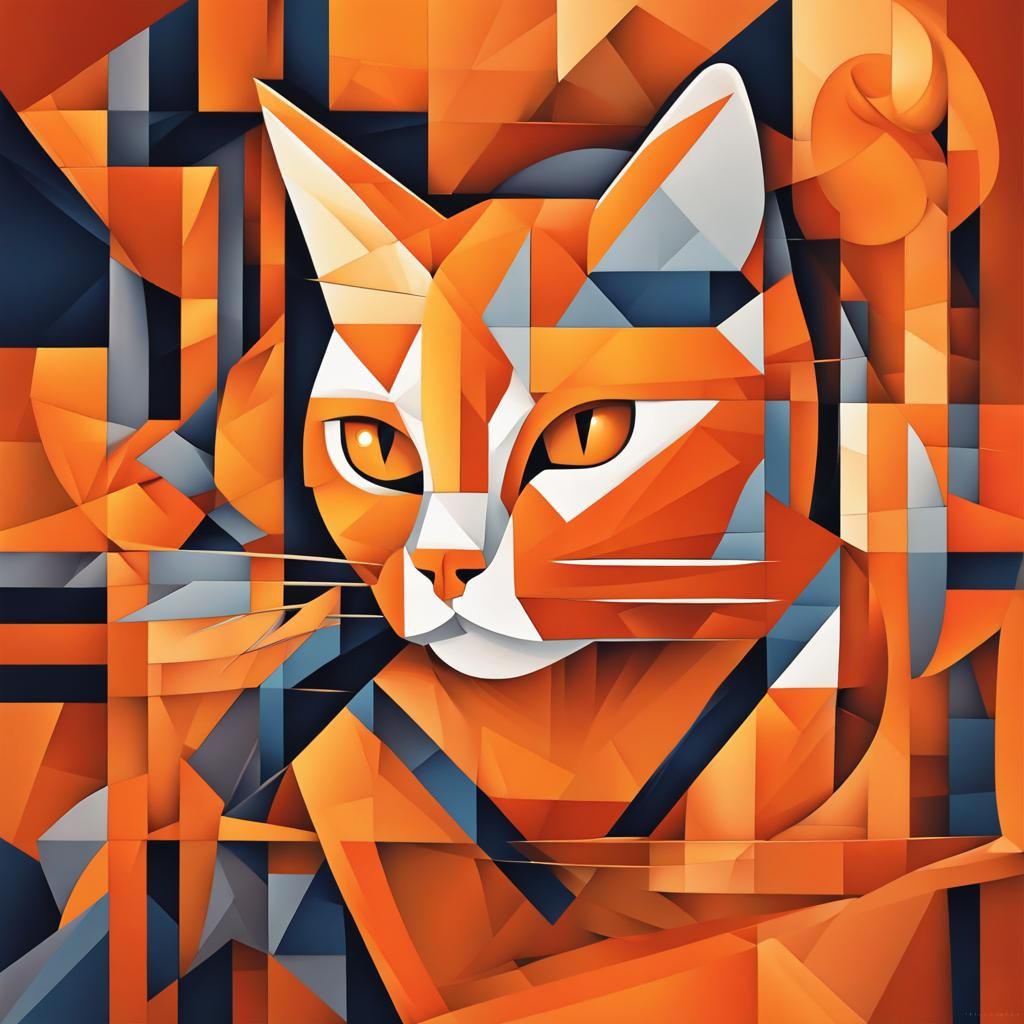 Geometric Orange Cat in Cubist Art Style
