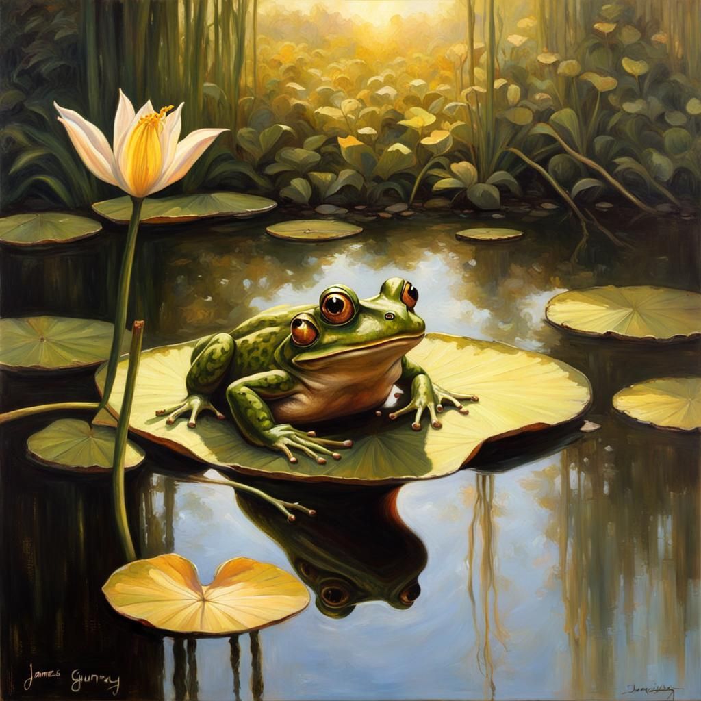 High Gothic Frog in Ornamental Pond, Oil Painting