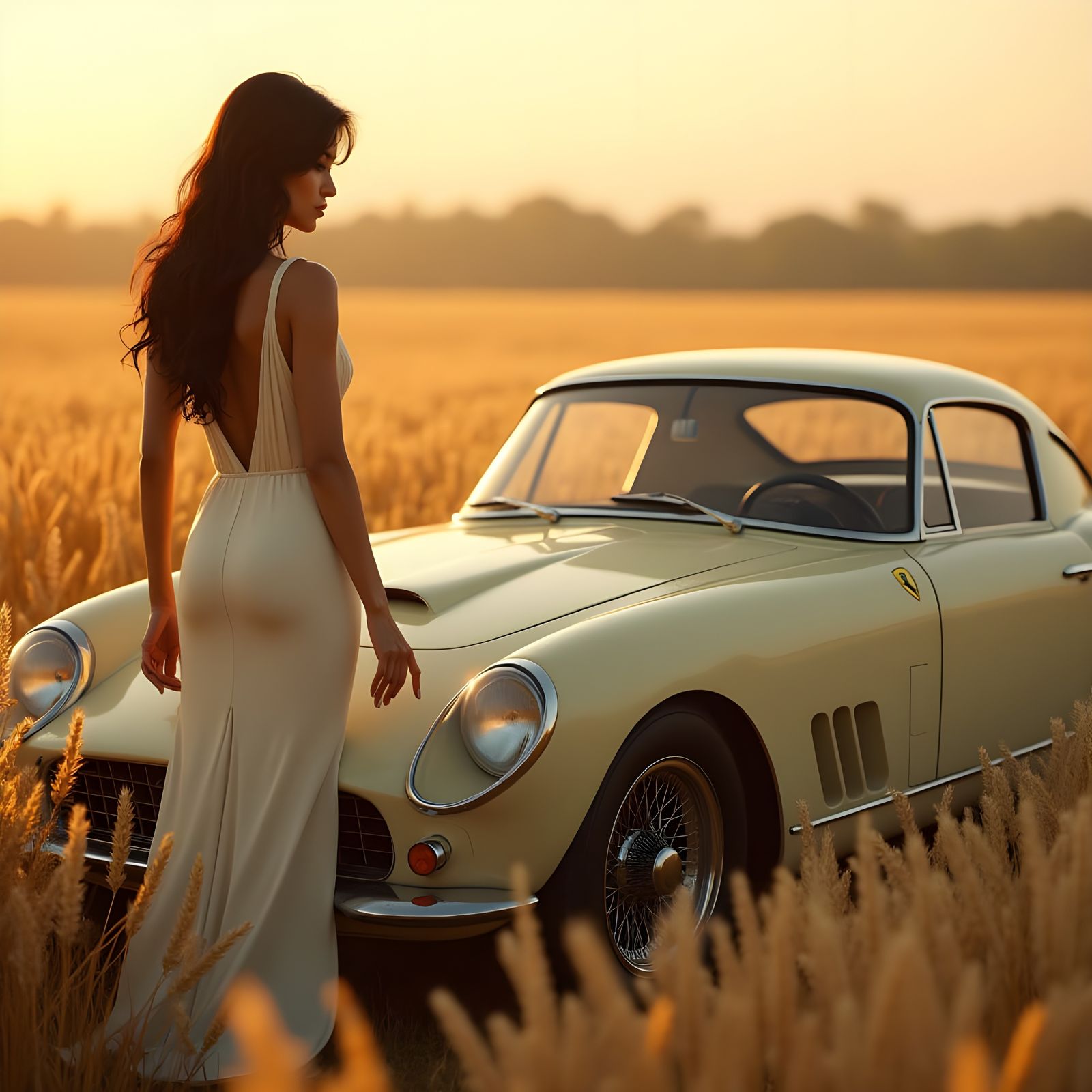 Goddess Adorns Majestic Beige Ferrari in Wheat Field