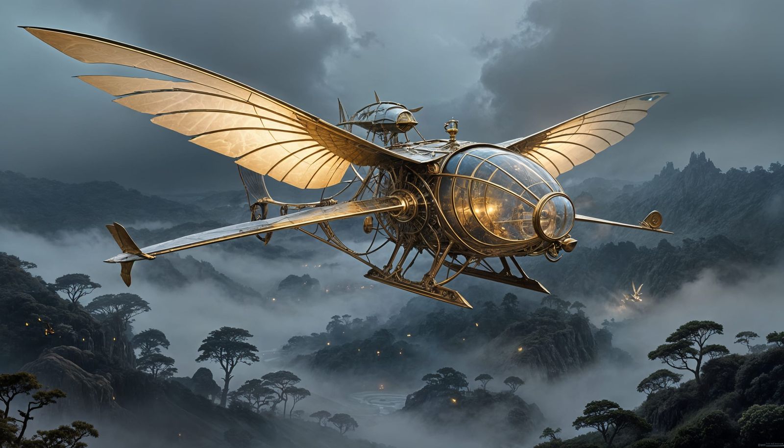 Ornithopter Flight in Moonlit Fantasy Landscape
