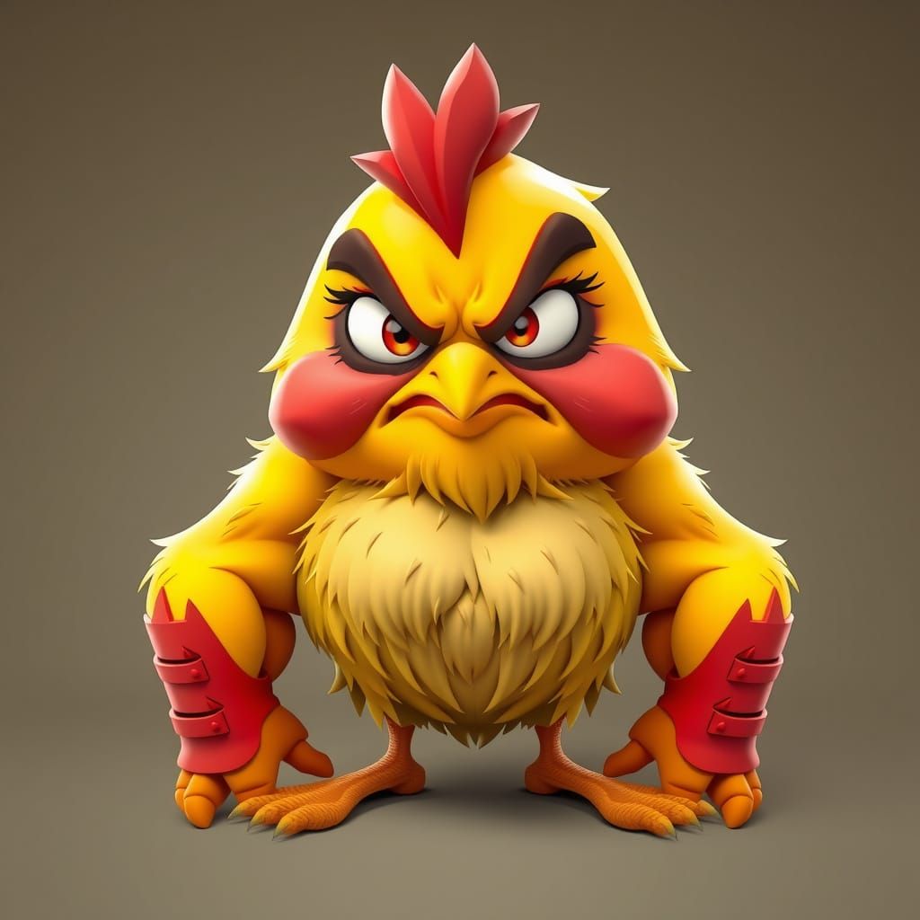 Hyperrealistic Cartoon of a Strong, Grumpy Chick