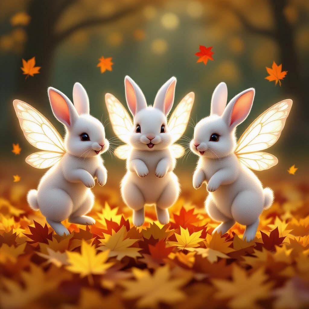 Fairy Rabbits Jumping in Enchanted Autumn Leaves