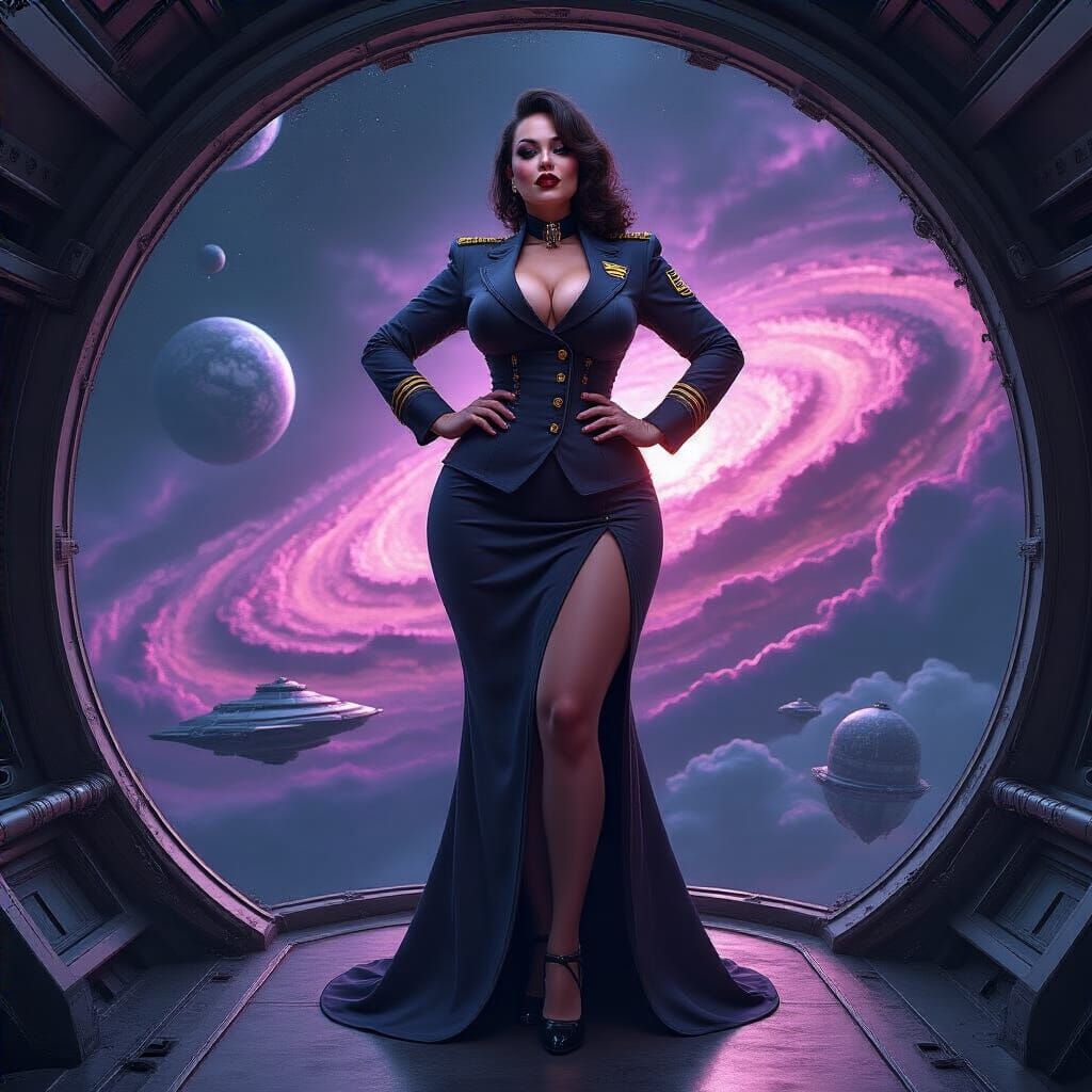 Curvy Woman in Gothic Flight Attendant Uniform on Spaceship