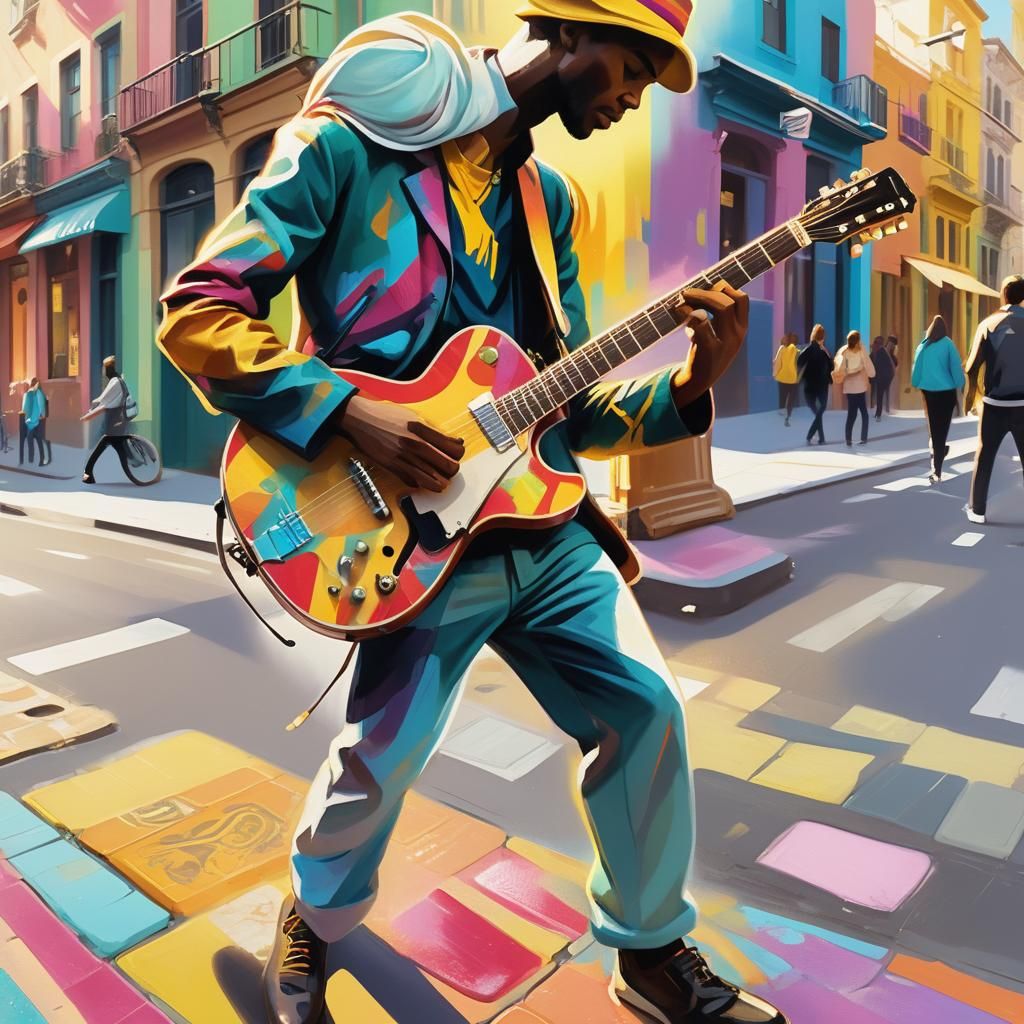 Vibrant Street Art Musician in Colorful Street Corner Scene